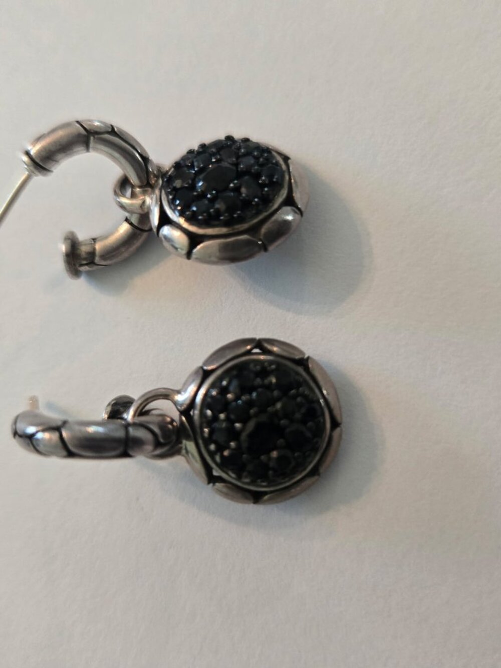 Designer John Hardy 925 Sterling Silver Black Sapphire pave round drop earrings